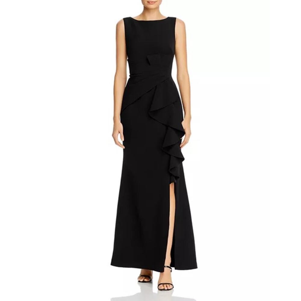 Eliza J Black Sleeveless Cascading-Ruffle Evening Maxi Formal Gown 4 - Picture 1 of 11